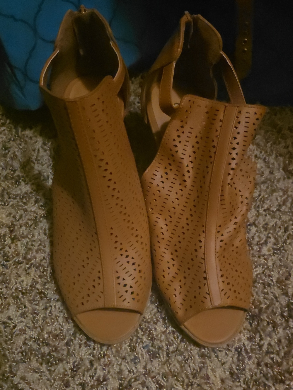 Qupid Tan Perforated Peep-Toe Mules